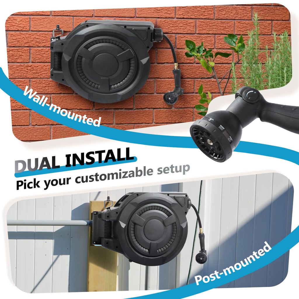 Wall-Mounted Retractable Garden Hose Reel With 100 ft 1/2 Inch Hose And 180 Degree Swivel