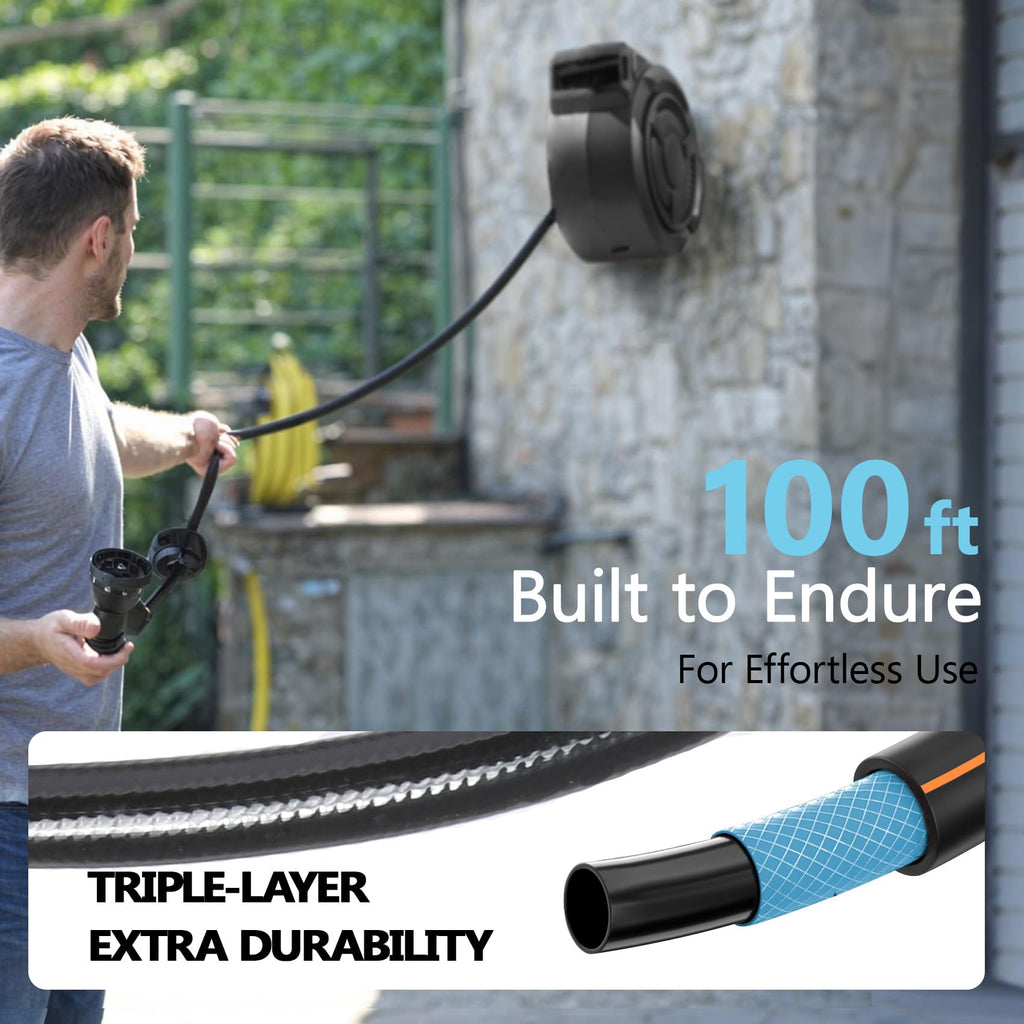 Wall-Mounted Retractable Garden Hose Reel With 100 ft 1/2 Inch Hose And 180 Degree Swivel