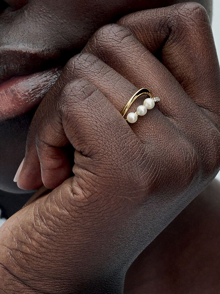 Treated Freshwater Cultured Pearl & Organically Shaped Double Band Ring