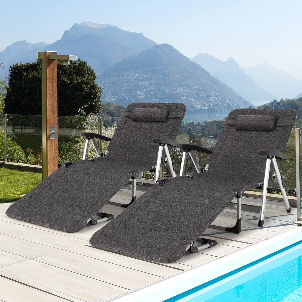 Folding Outdoor Chaise Lounge Chair With Cup Holder, Detachable Headrest, 330 lbs. Capacity - 53-75 in