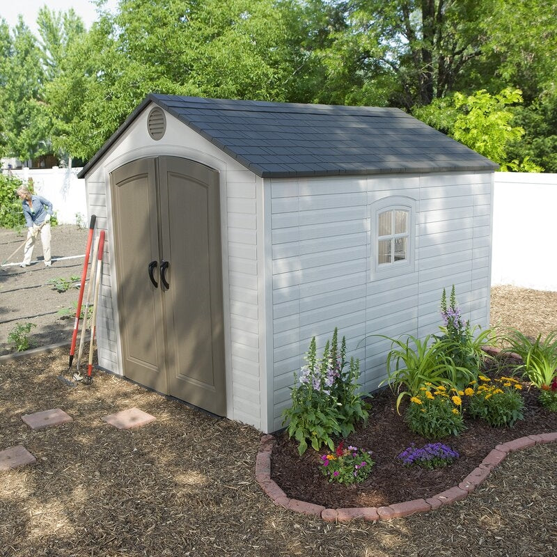 Plastic Traditional Storage Shed 8 Ft W x 10 Ft D, Desert Tan And Dark Brown