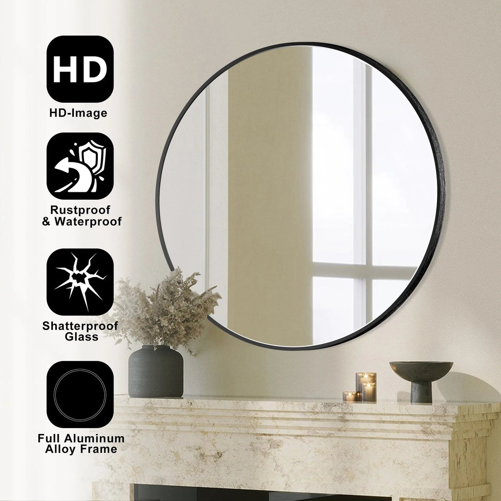 Round Bathroom Vanity Mirror, 24x24 / 36x36, Black, Brushed Gold or Silver