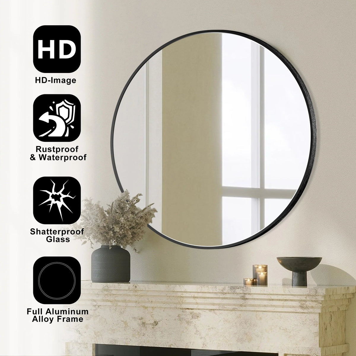 Round Bathroom Vanity Mirror, 24x24 / 36x36, Black, Brushed Gold or Silver