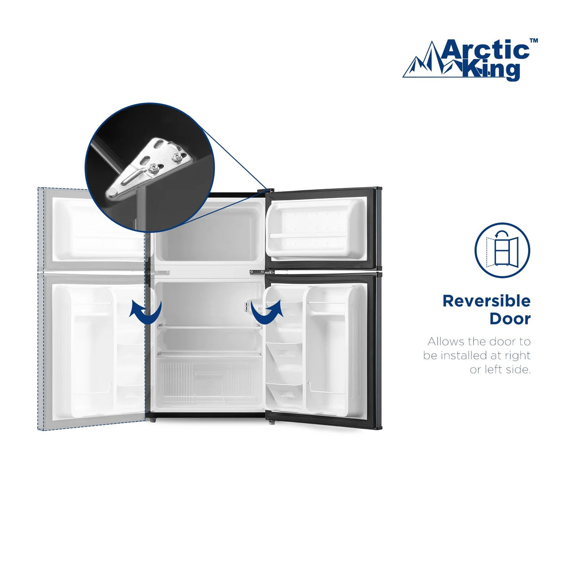 Arctic King Two-Door Mini Fridge With Freezer, 3.2 Cu ft, 18.5 in x 19.4 in x 33.3 in, Stainless Steel - E-Star