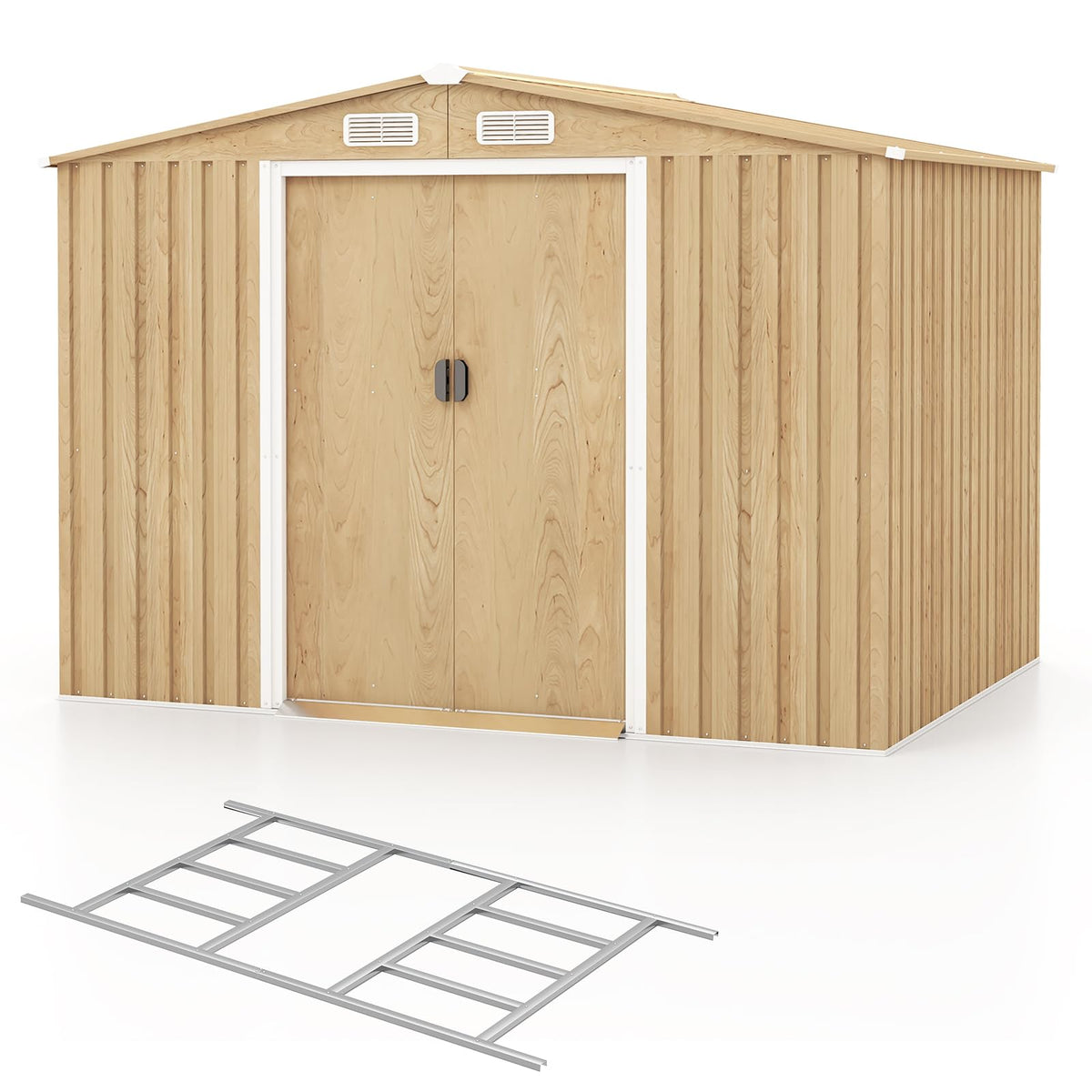 8' x 6' Metal Storage Shed With Wood Grain Finish, Base Floor And 4 Vents