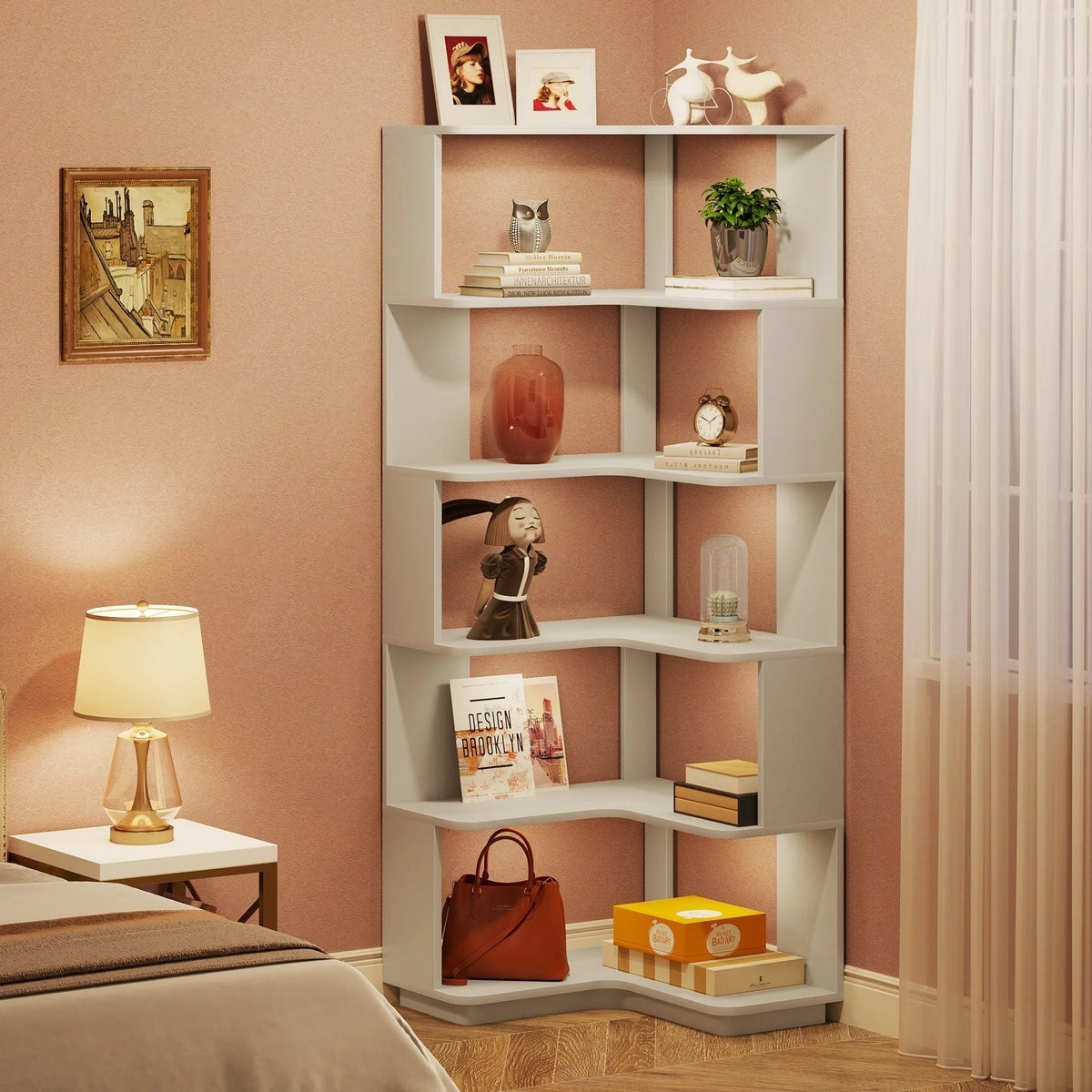 6-Tier Corner Bookshelf, 64.9 Inch Tall, Freestanding Wood Industrial Bookcase