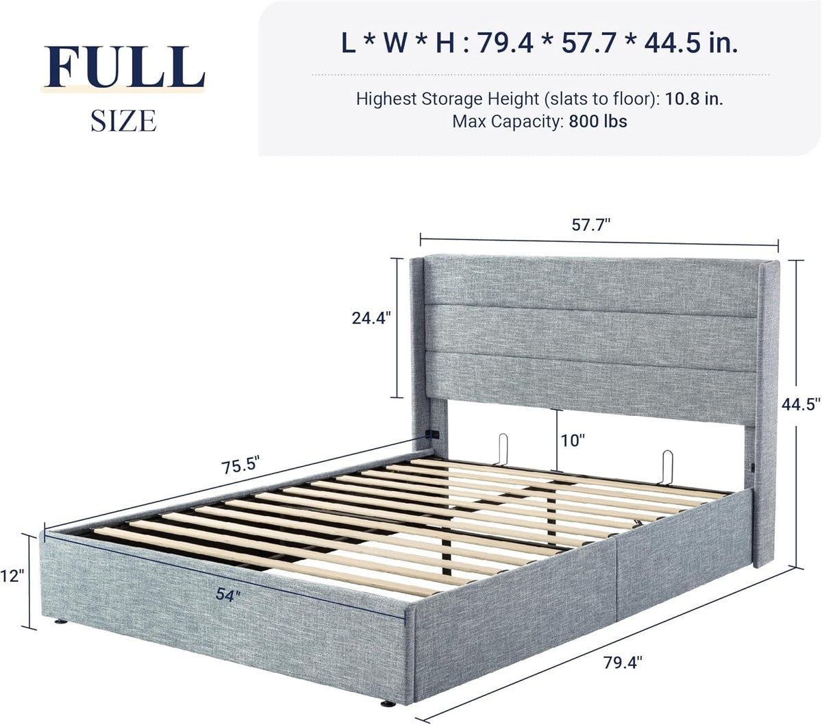 Queen Size Lift-Up Storage Bed With Wingback Headboard, Upholstered Platform Bed Frame With Hidden Storage