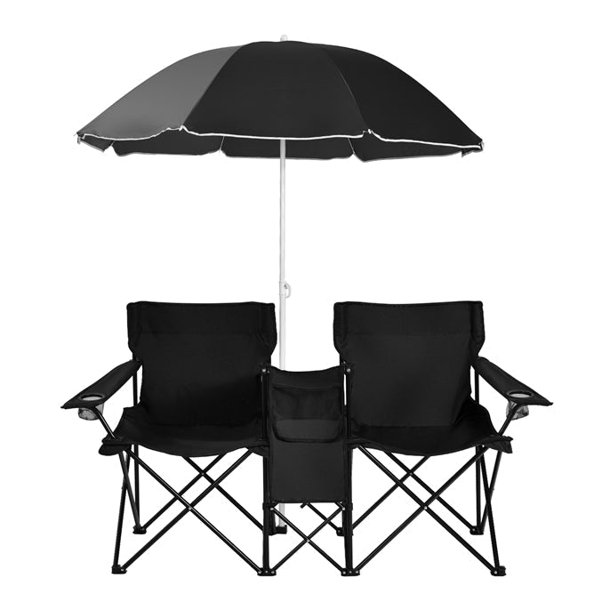 Double Folding Camping Loveseat Chairs With Umbrella, Mini Table And Cooler Bag