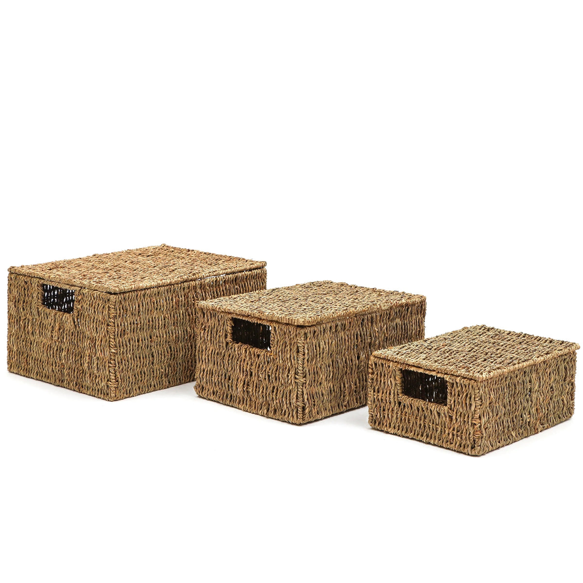 Set Of 3 Small Rectangular Seagrass Storage Baskets With Lids - Natural Beige