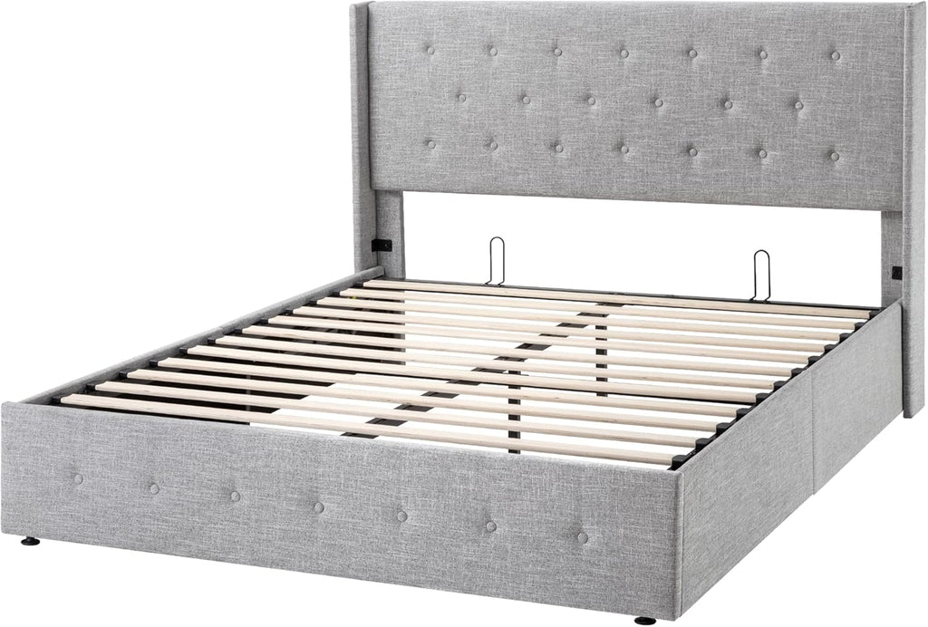 Queen Size Lift-Up Storage Bed With Wingback Headboard, Upholstered Platform Bed Frame With Hidden Storage