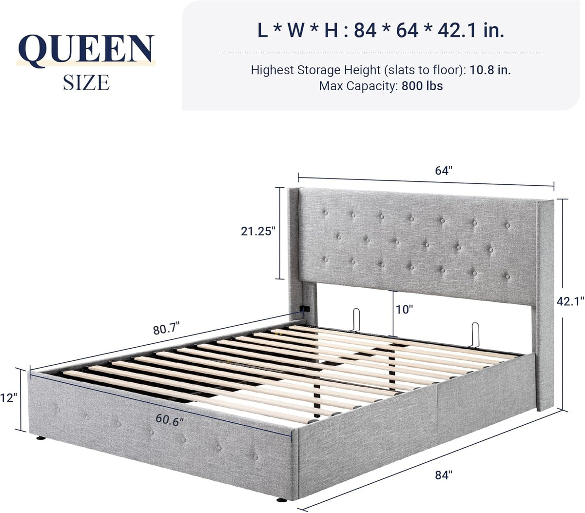 Queen Size Lift-Up Storage Bed With Wingback Headboard, Upholstered Platform Bed Frame With Hidden Storage