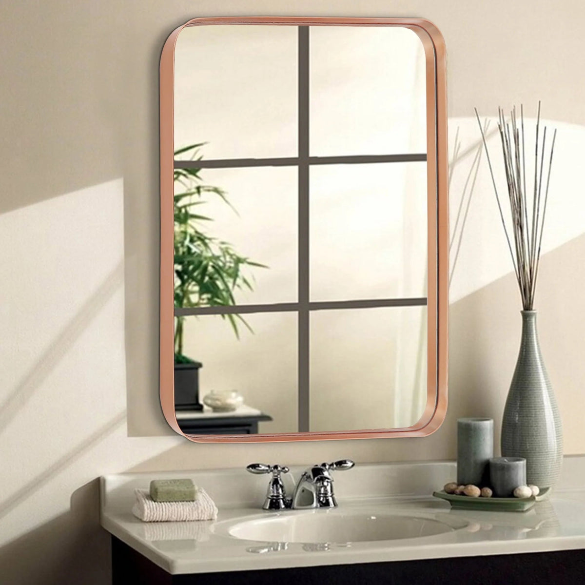 Framed Wall Vanity Mirror With Rounded Corners, 1 Piece