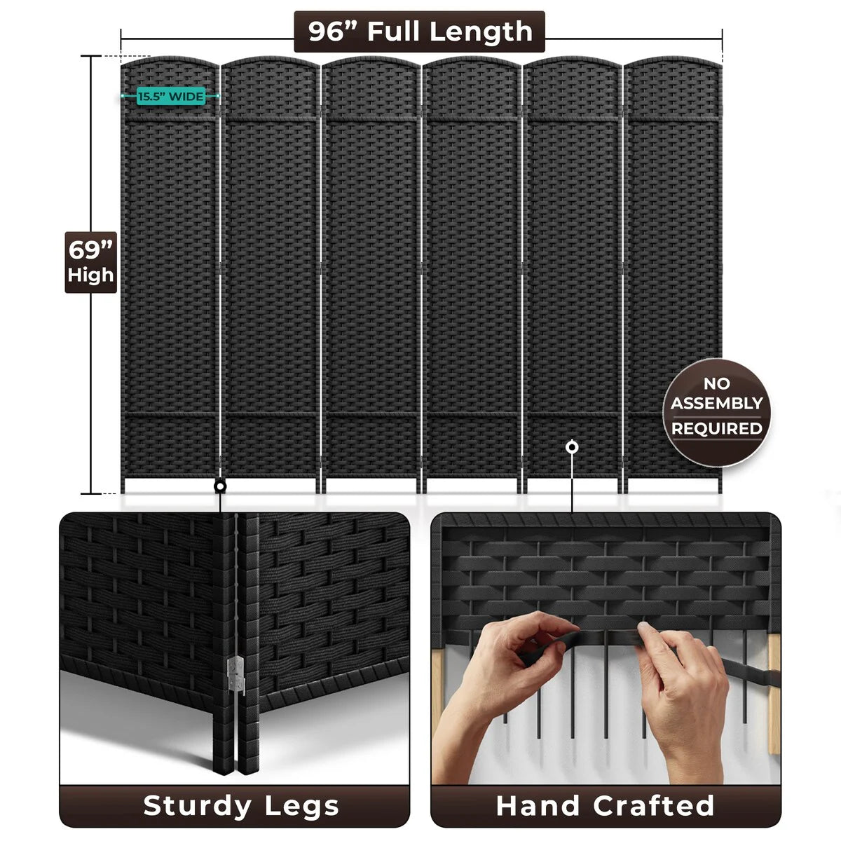 6-Panel Room Divider Privacy Screen With Hand-Woven Mesh Panels - 6 Ft Tall
