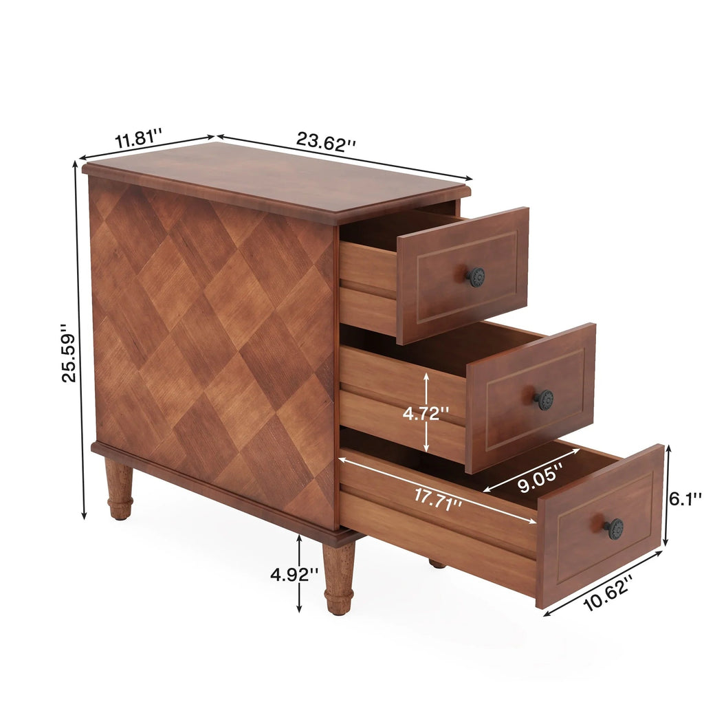 Solid Wood Narrow End Table With 3 Drawers - Fully Assembled