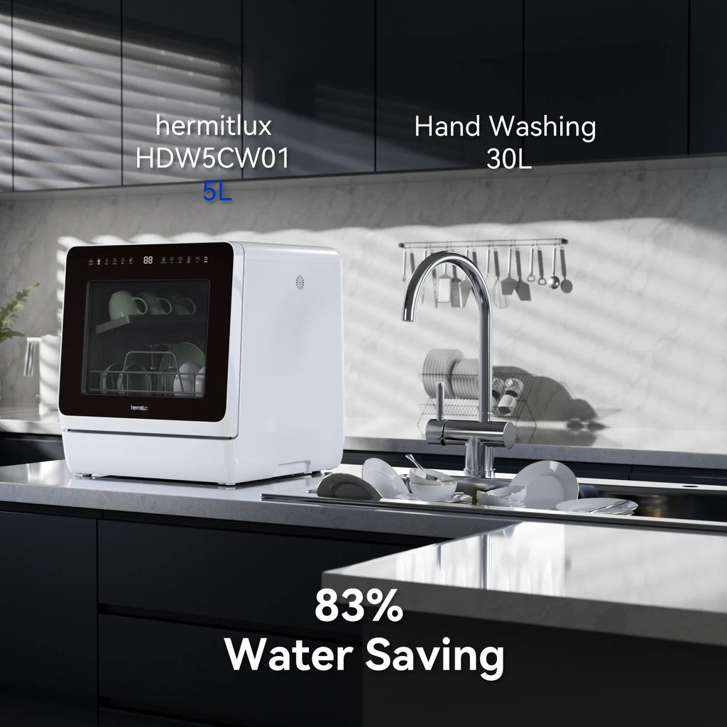 Hermitlux Portable Countertop Dishwasher, 5L Built-In Water Tank, 4 Place Settings - HMX-DW03