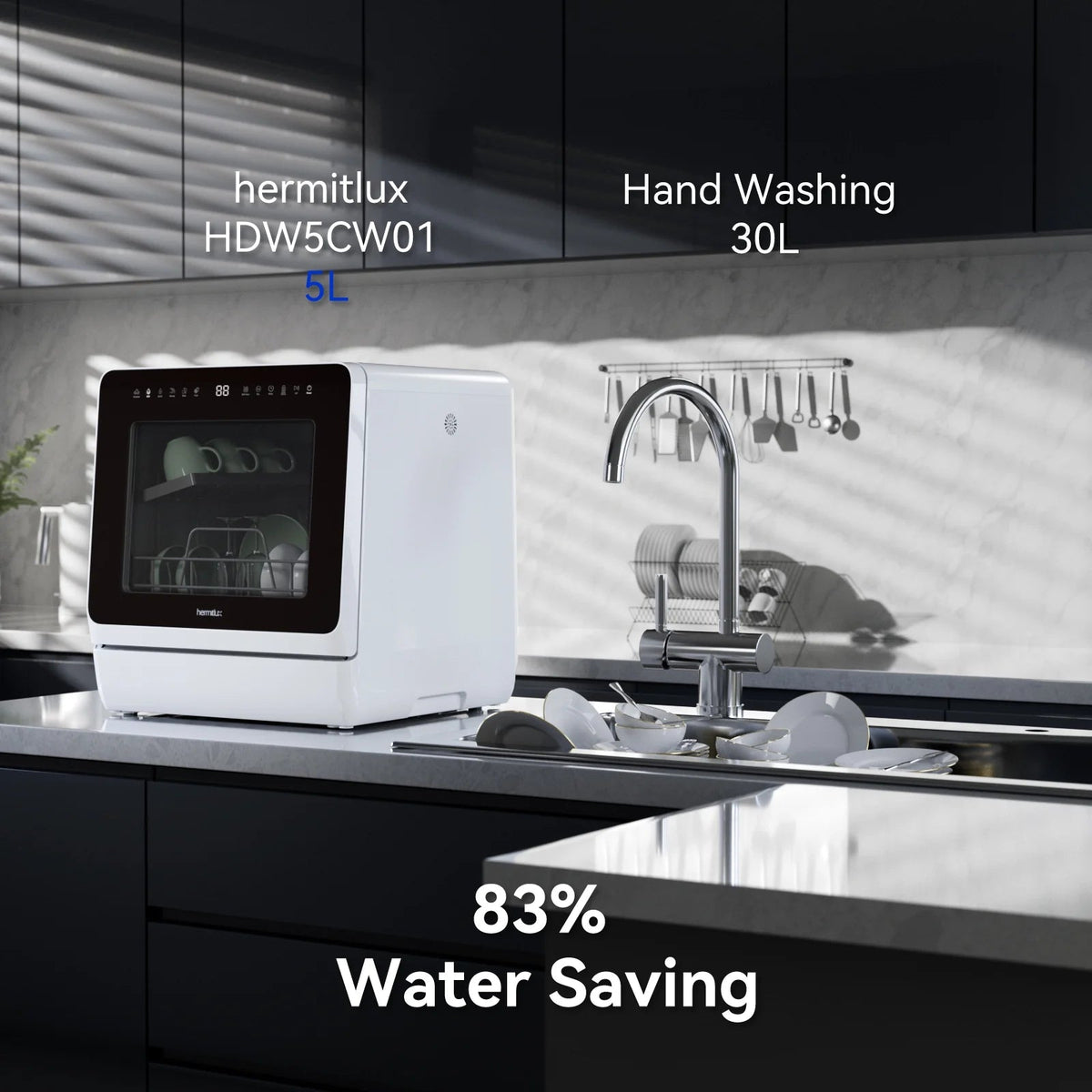 Hermitlux Portable Countertop Dishwasher, 5L Built-In Water Tank, 4 Place Settings - HMX-DW03