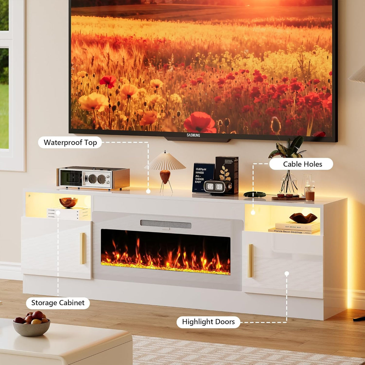 Fireplace TV Stand, 70 inch Media Console With 36 inch Electric Fireplace