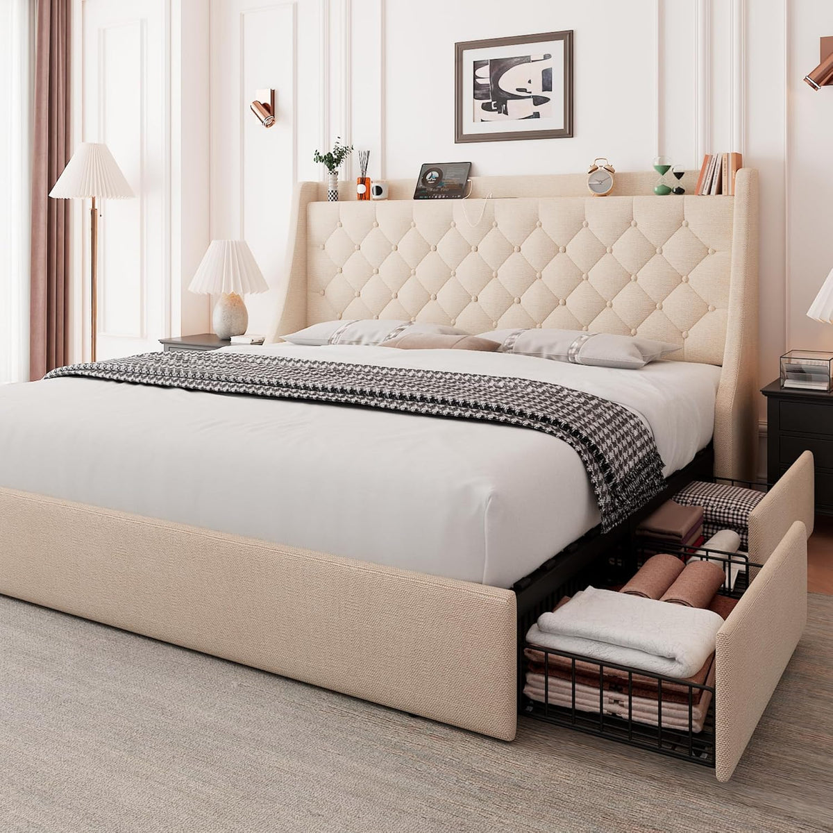 Storage Bed Frame With 4 Drawers, Charging Station, Beige - 2.18L x 1.55W x 1.17H Meters
