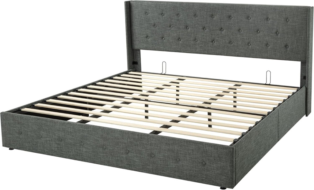 Queen Size Lift-Up Storage Bed With Wingback Headboard, Upholstered Platform Bed Frame With Hidden Storage