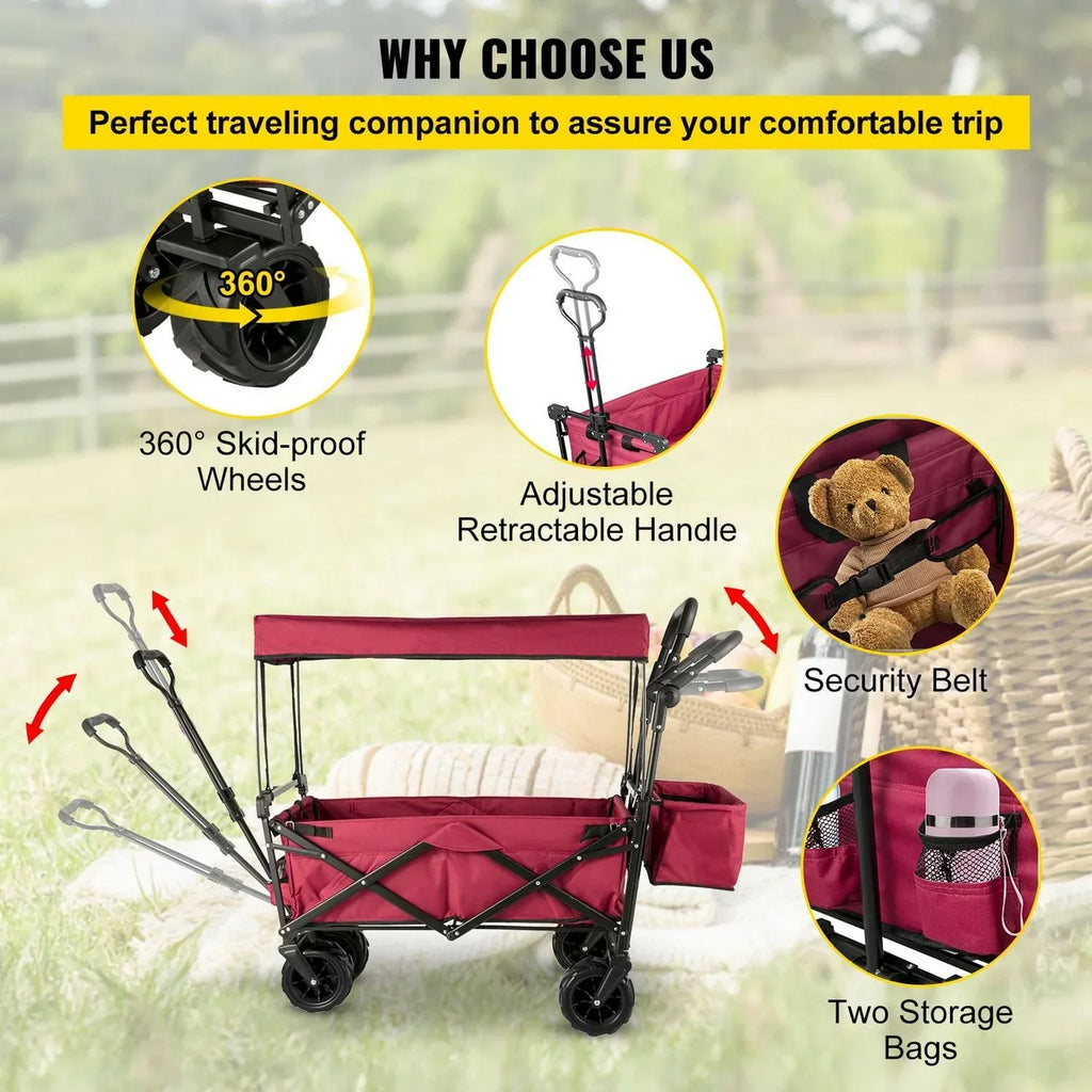 Red Collapsible Wagon Cart With Canopy, 220.5 lbs Capacity, 39 x 21.4 x 39 inches