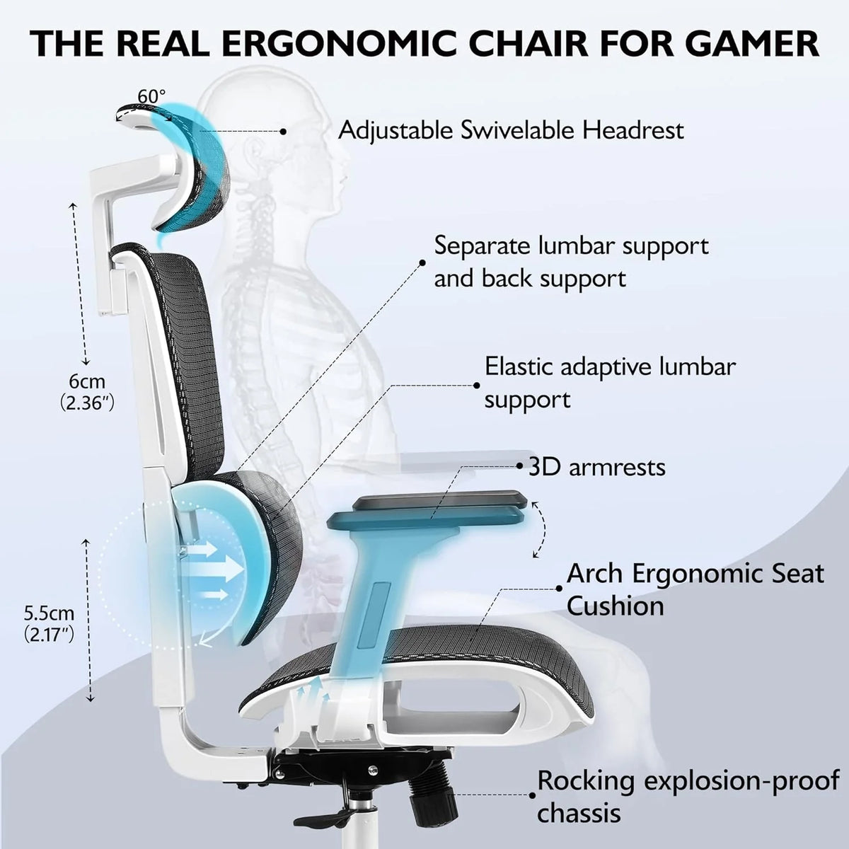 Primy Ergonomic Gaming Office Chair, 23 in D x 12 in W x 20 in H - PR988ZK