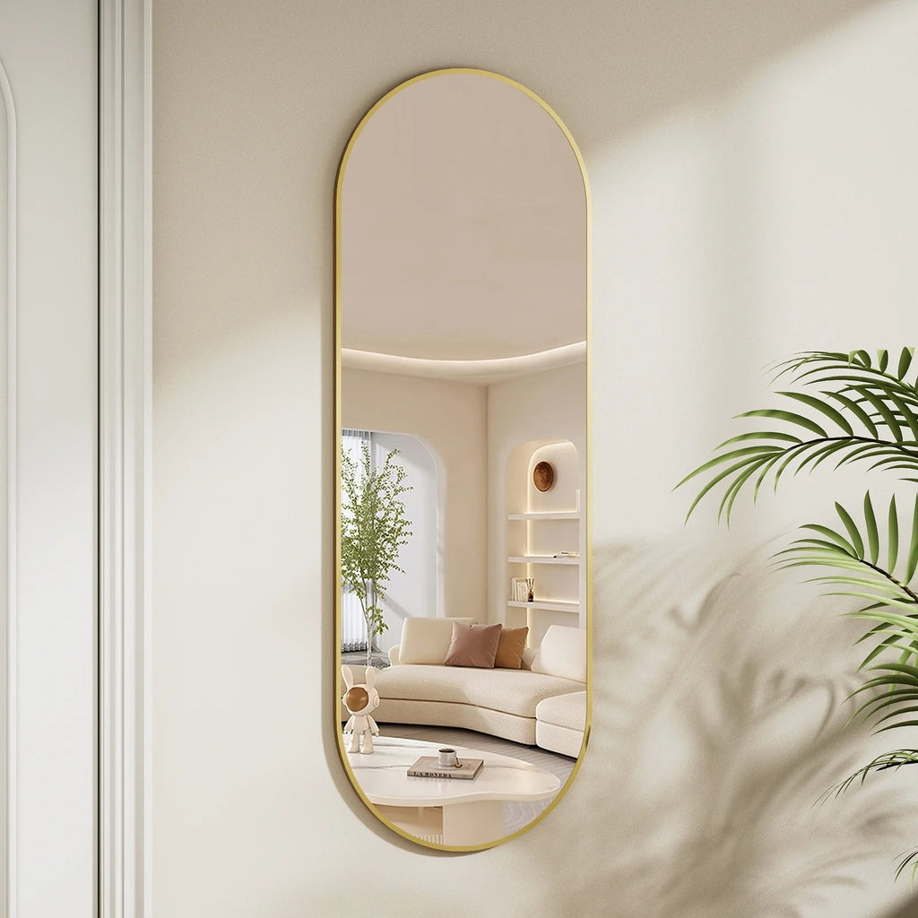 Full Length Wall Mirror, 48 x 16 Inch, Black, Leather Strap
