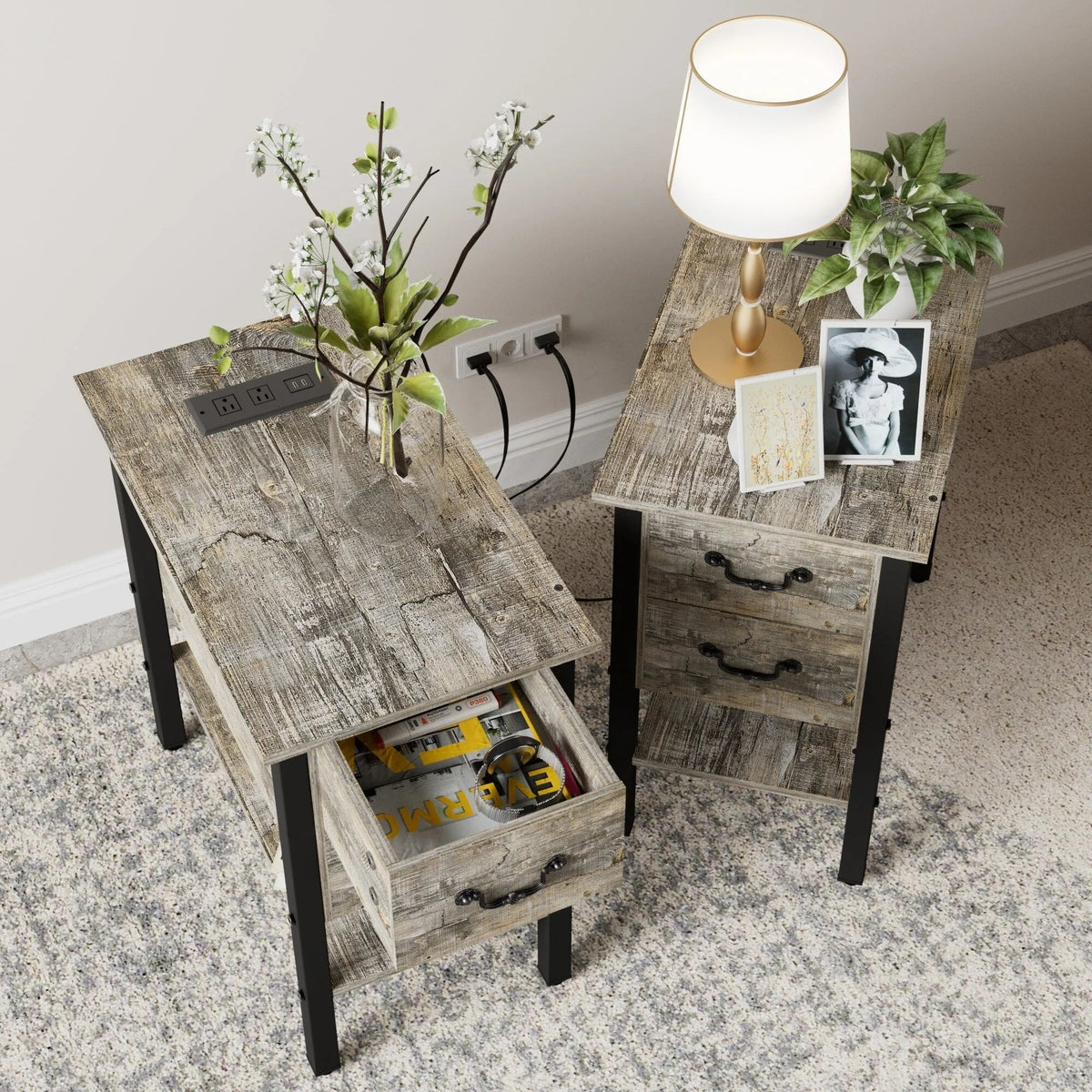 Narrow End Table With Charging Station, 2 Drawers, 19.6 in L x 11.8 in W x 23.6 in H, Gray/Black - 1-pcs / 2-pcs