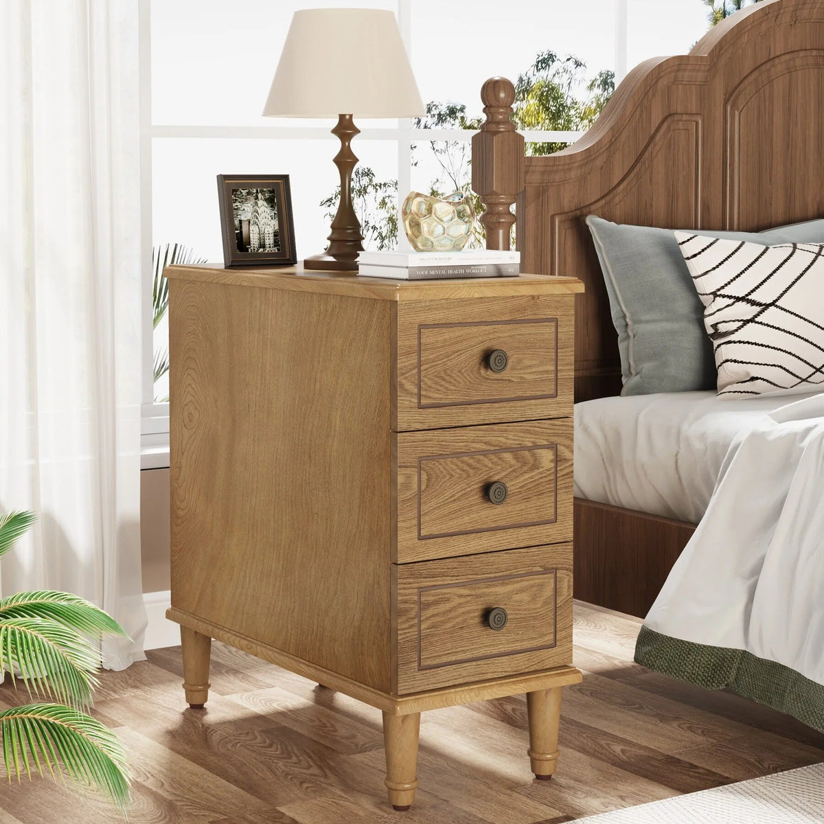 Solid Wood Narrow End Table With 3 Drawers - Fully Assembled