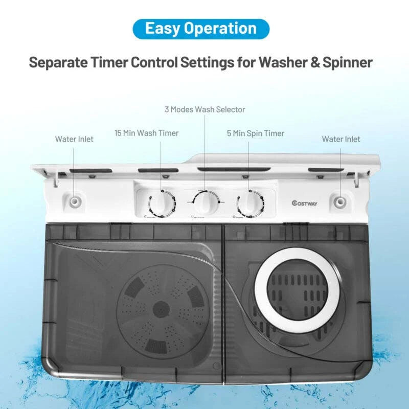 Portable Twin Tub Washer Dryer Combo With Drain Pump, 26 LBS - Blue/Gray