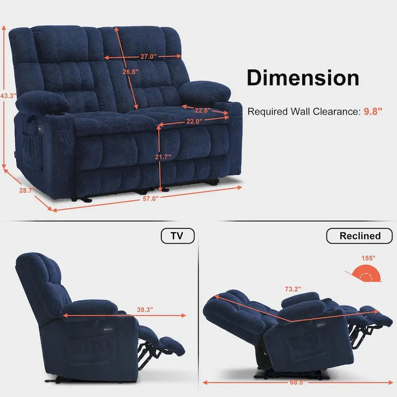MCombo Power Reclining Loveseat With Heat, Vibration, Cupholders And USB Charge Ports - RS6314