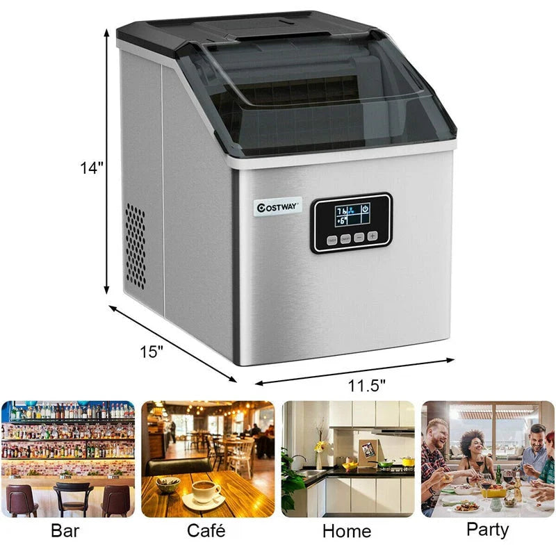 Stainless Steel Countertop Ice Maker, 48 lbs/24h, Silver, Self-Cleaning LCD Display