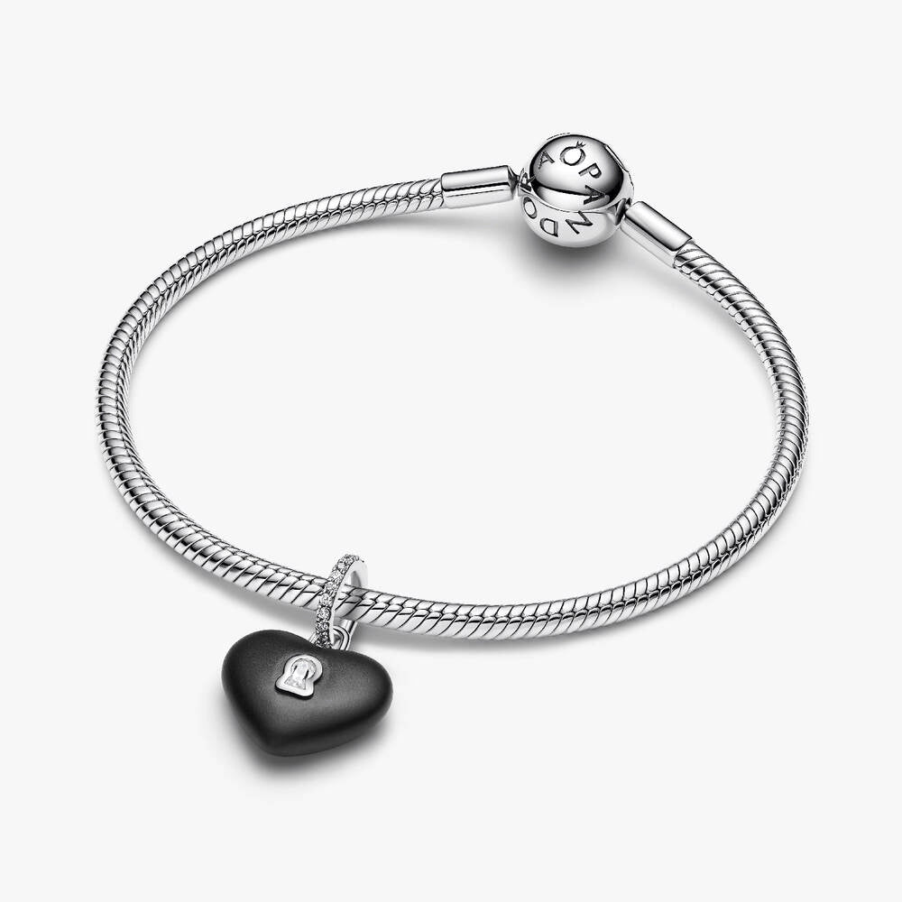 Matte Black Ceramic Heart Padlock Dangle Charm