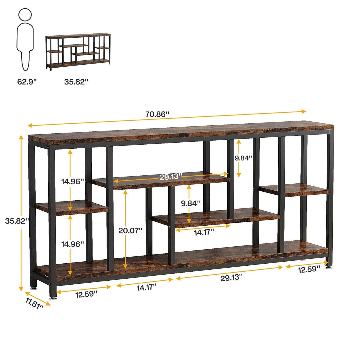 3-Tier Console Sofa Table With Storage, 70.9 Inch