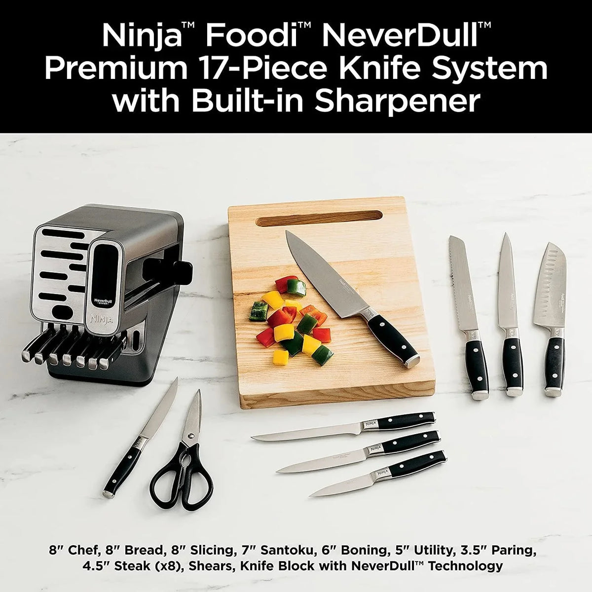 Ninja Foodi NeverDull 17 Piece Premium Knife System Block Set, Stainless Steel/Black - K32017