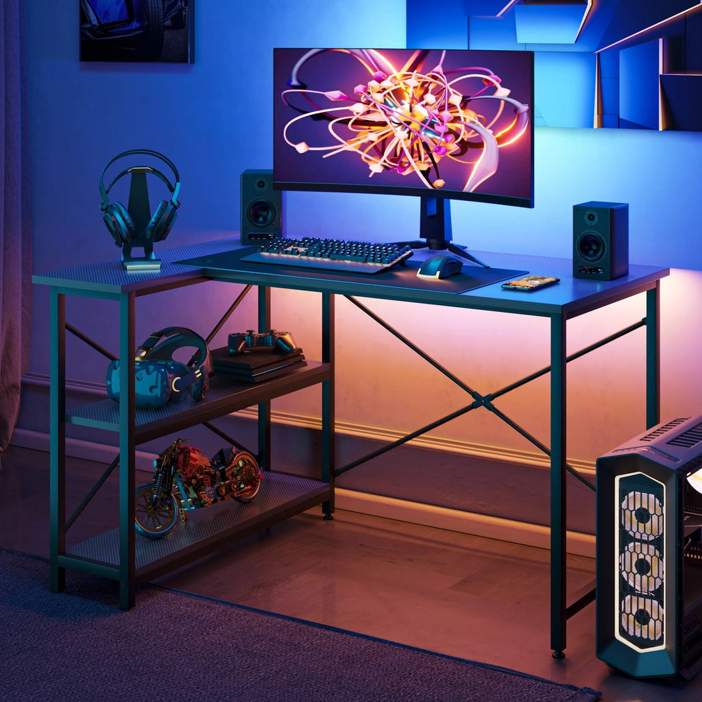 Small L-Shaped Computer Desk With Reversible Storage Shelves - 55-Inch / 47-Inch