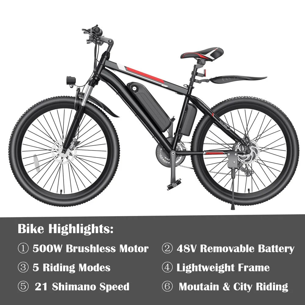 Electric Bicycle for Adults 500W 26-Inch with Cruise Control
