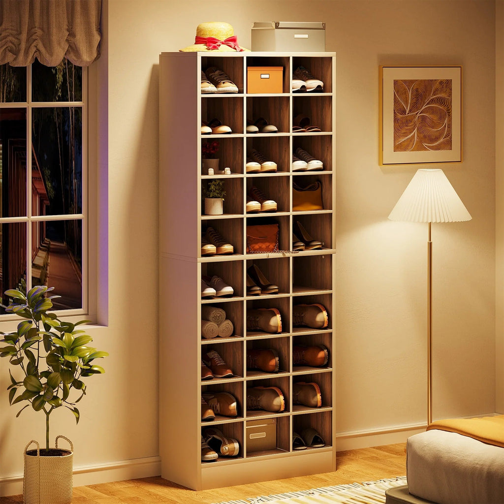 10-Tier Tall Shoe Cabinet, 30-Pair White Engineered Wood Shoe Storage Rack