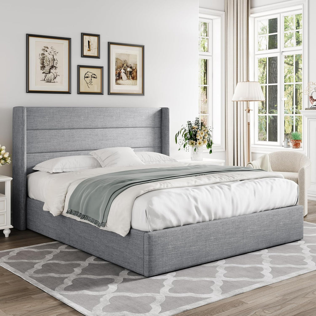 Queen Size Lift-Up Storage Bed With Wingback Headboard, Upholstered Platform Bed Frame With Hidden Storage