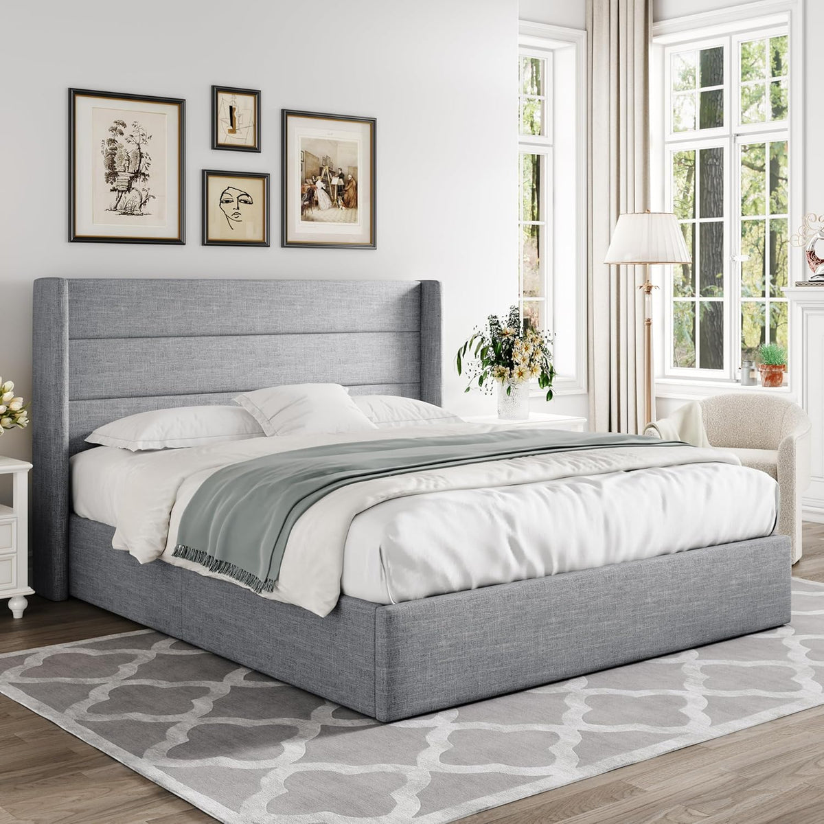 Queen Size Lift-Up Storage Bed With Wingback Headboard, Upholstered Platform Bed Frame With Hidden Storage