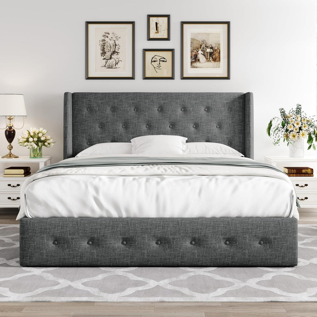 Queen Size Lift-Up Storage Bed With Wingback Headboard, Upholstered Platform Bed Frame With Hidden Storage