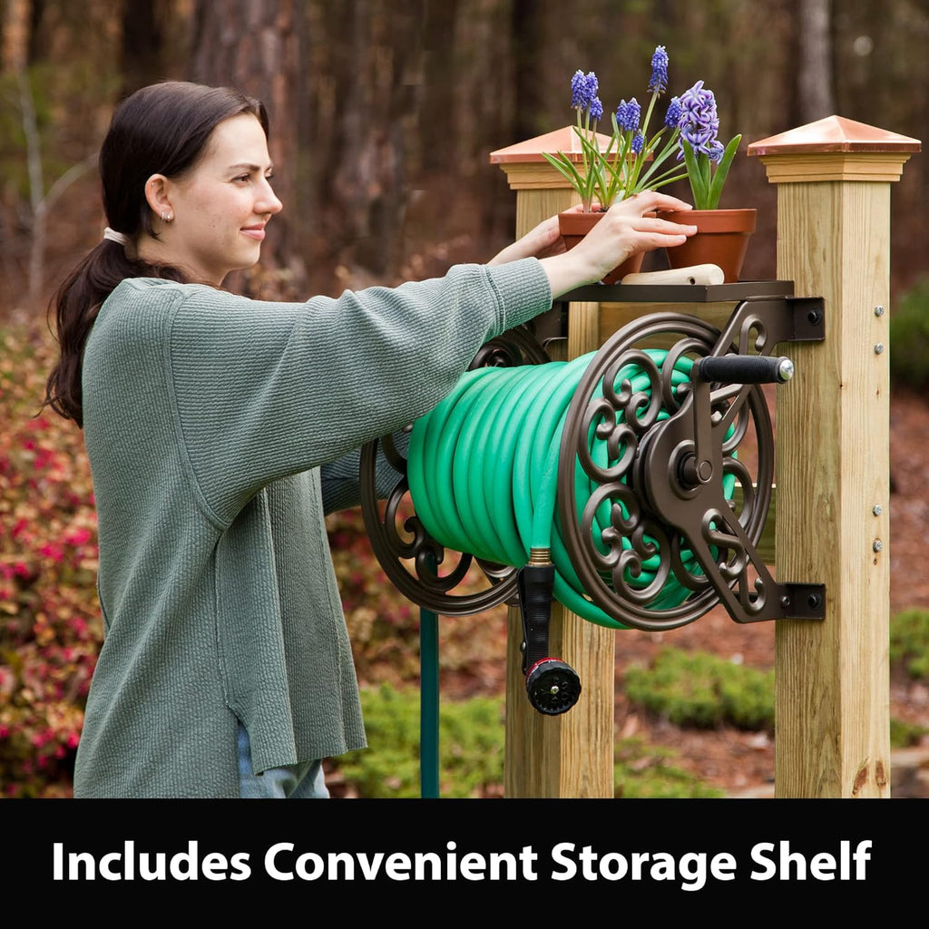 Steel Wall Mount Garden Hose Reel With Shelf, 125 Feet 5/8-Inch Capacity