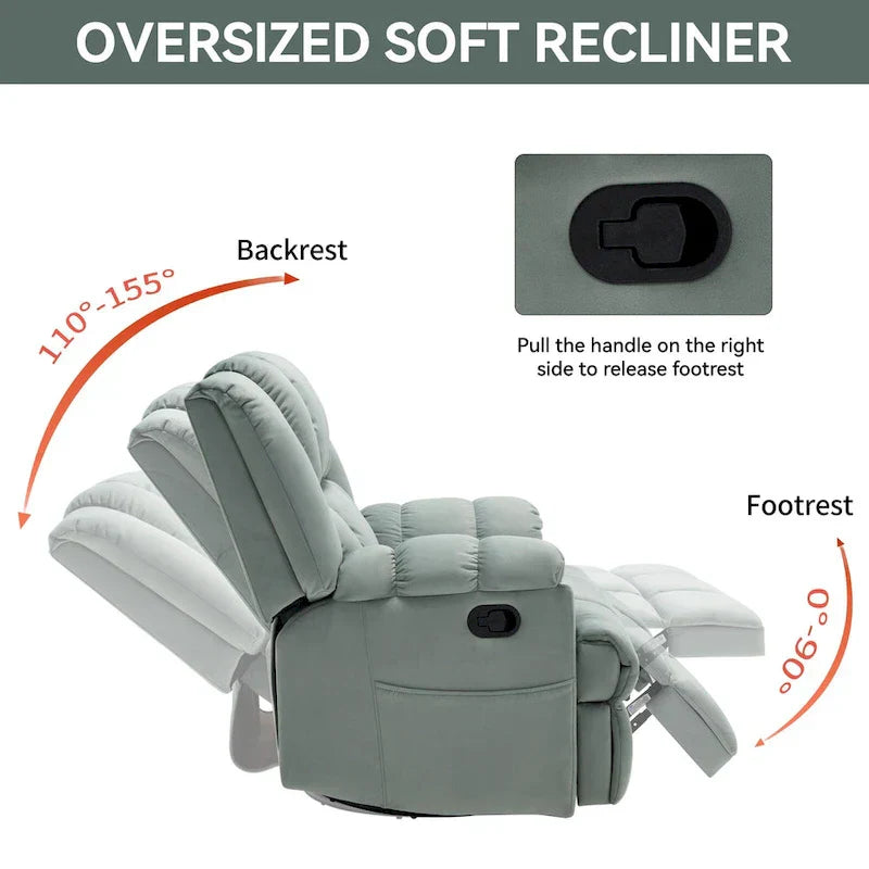 Lazy Boy Oversized Fabric Swivel Rocking Manual Recliner Chair, 37.8L*38.2W*41H, 155 Degrees
