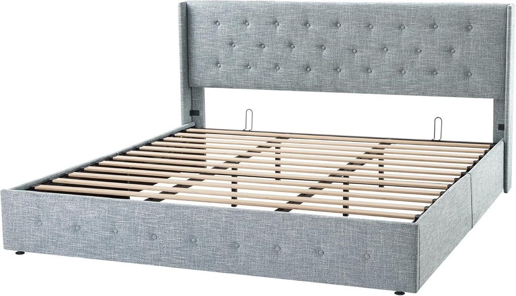 Queen Size Lift-Up Storage Bed With Wingback Headboard, Upholstered Platform Bed Frame With Hidden Storage