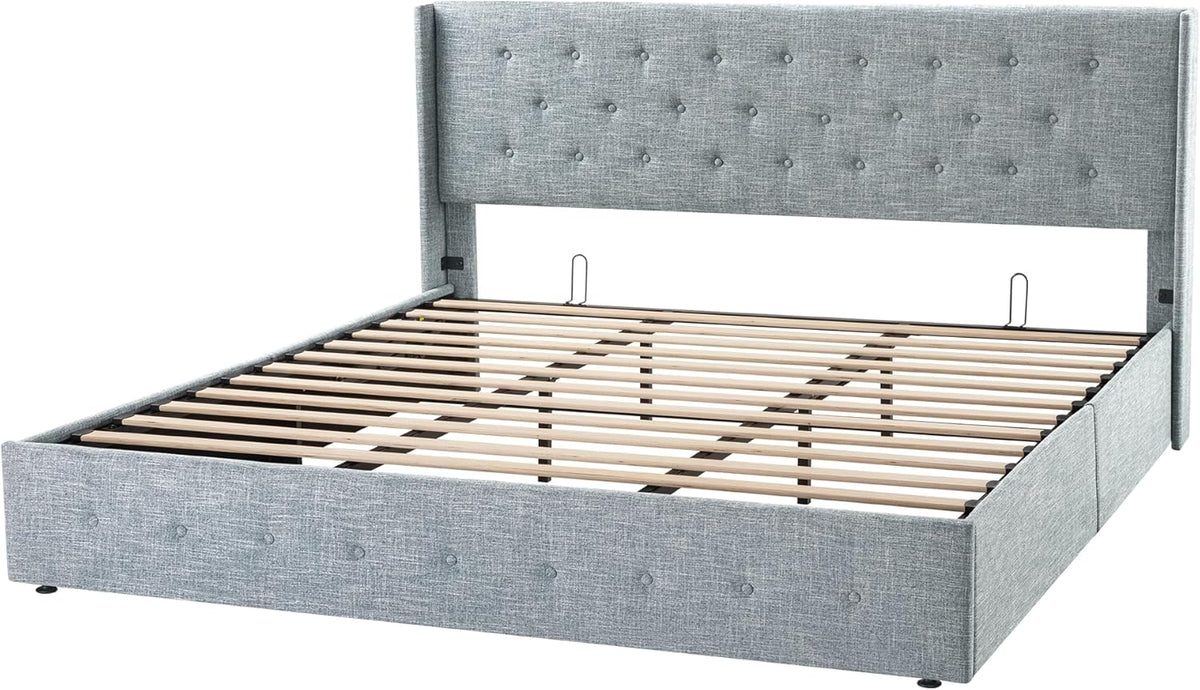 Queen Size Lift-Up Storage Bed With Wingback Headboard, Upholstered Platform Bed Frame With Hidden Storage