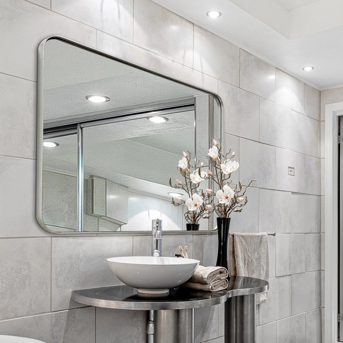 Framed Wall Vanity Mirror With Rounded Corners, 1 Piece