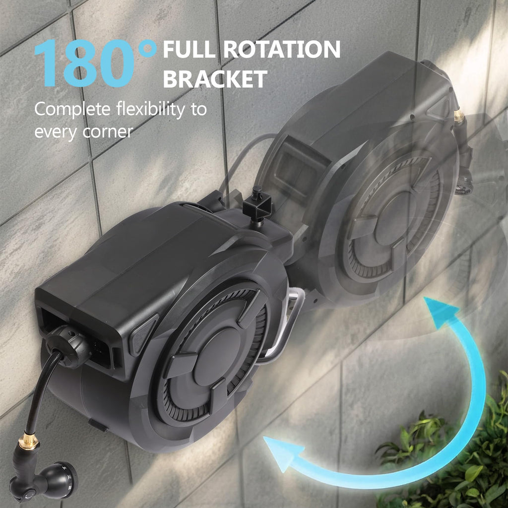 Wall-Mounted Retractable Garden Hose Reel With 100 ft 1/2 Inch Hose And 180 Degree Swivel