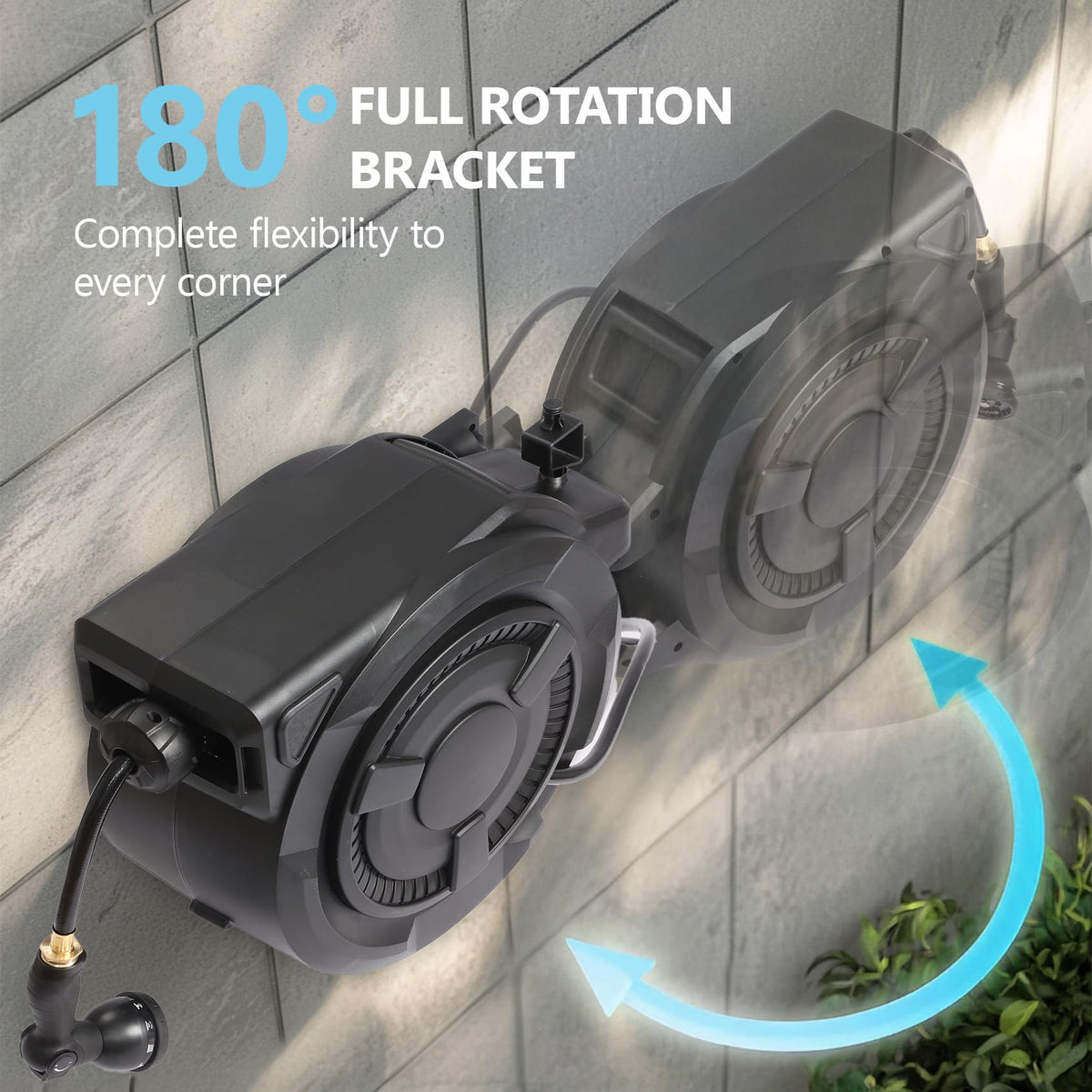 Wall-Mounted Retractable Garden Hose Reel With 100 ft 1/2 Inch Hose And 180 Degree Swivel