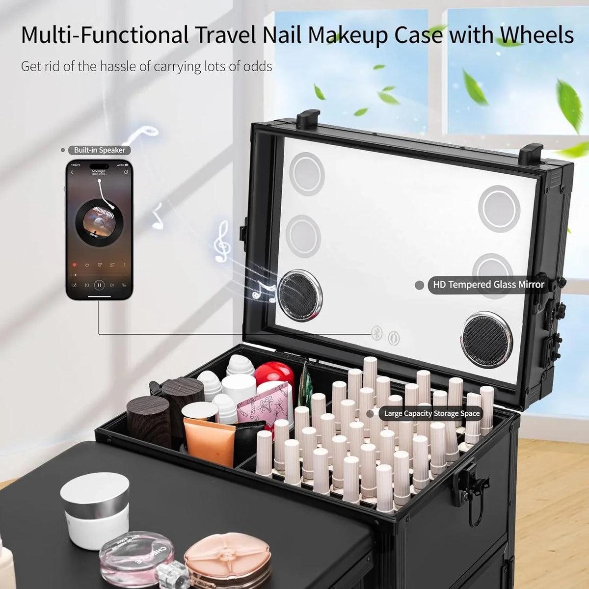 ZhenGuiRu Rolling Manicure Table With Drawers, Bluetooth Speaker, LED Mirror, TSA Lock - 15.3 x 10.8 x 30.8 in