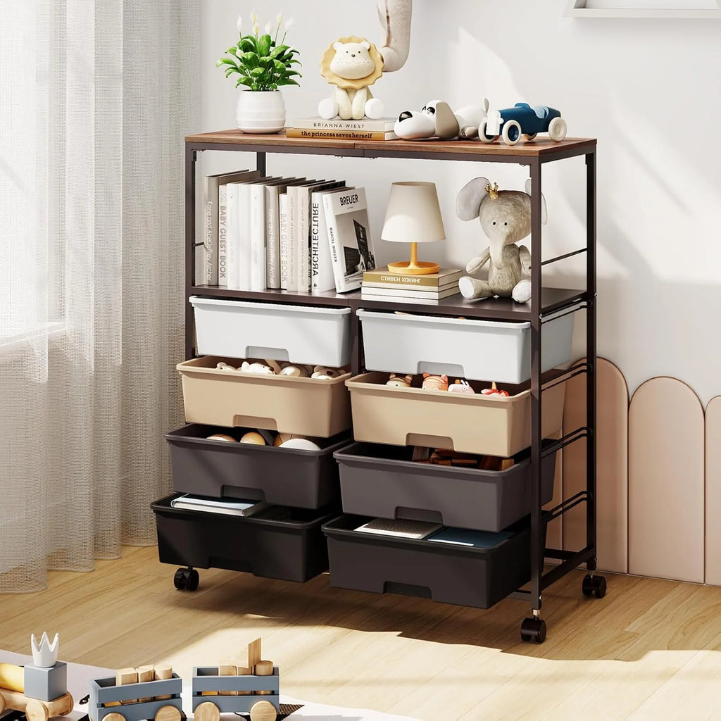 8-Drawer Rolling Storage Cart With Wooden Top And Lockable Wheels