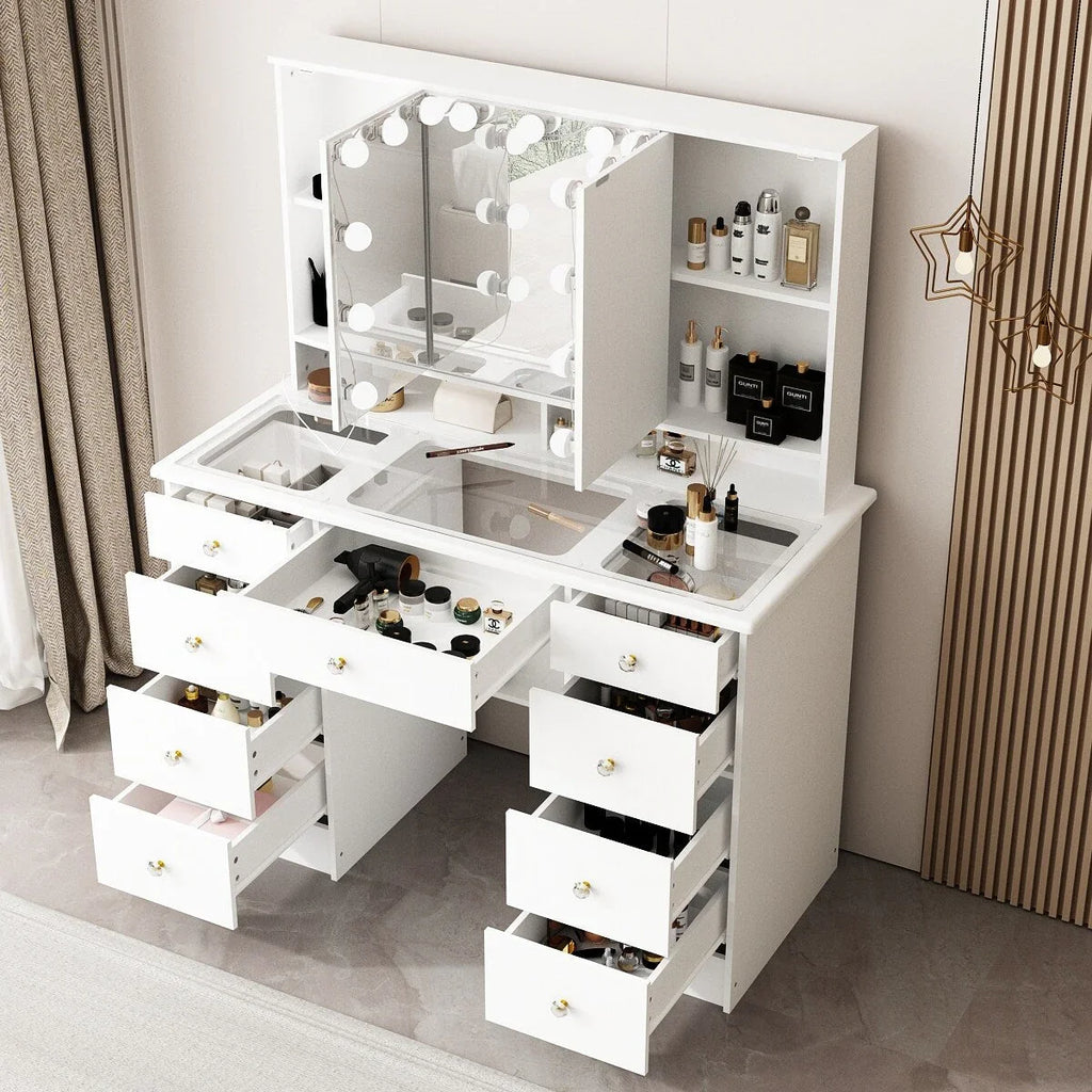 Makeup Vanity Dresser With Tri-Fold Mirror, Glass Top And 15 Bulbs - 40.2 x 53.6 x 19.7